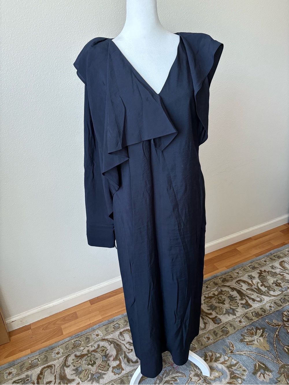 COS Navy Blue Asymmetrical Maxi Dress with Draped Shoulder 8 US - Picture 7 of 11